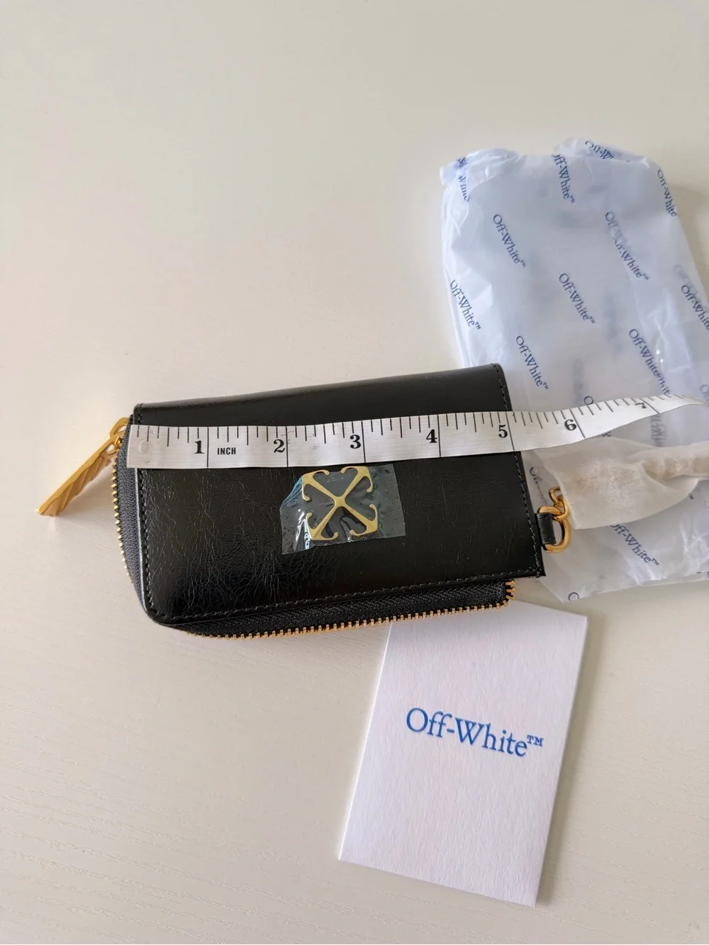 New Off-White Black Keychain Wallet, Leather Zip Card Pouch with Gold Zipper